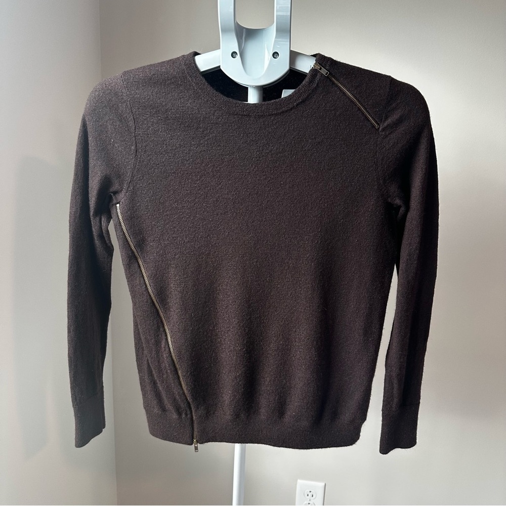 J Crew 100% Merino Wool Sweater M | Asymmetrical Zipper Chocolate Brown GUC